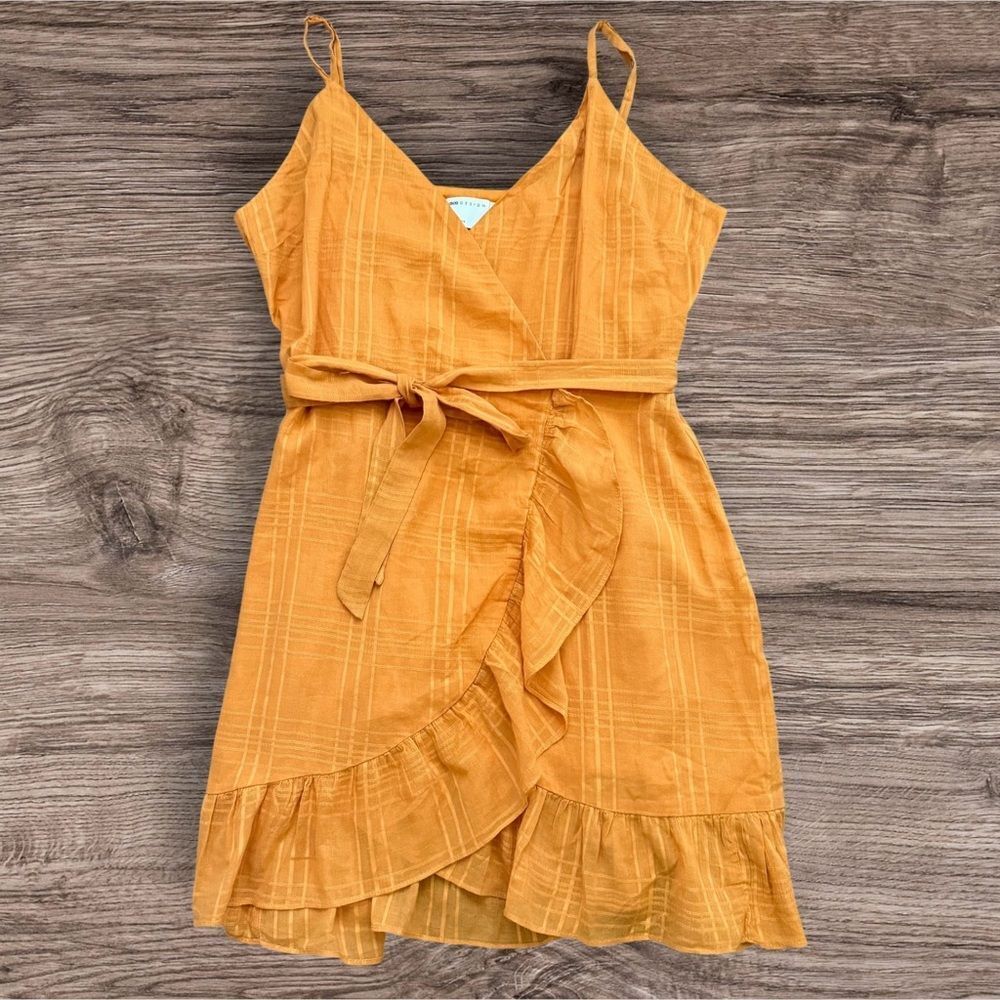 ASOS Design Yellow Cotton Wrap Mini Dress Ruffle Hem 14